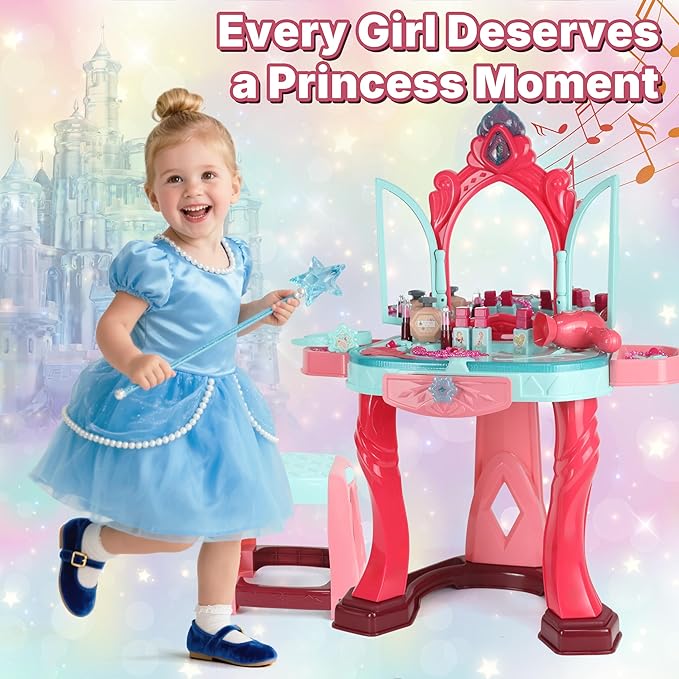 Kids Vanity Set with Mirror, Lights & Music – Princess Makeup Vanity Table & Stool with Hair Dryer & Accessories, Pretend Play Beauty Salon Toy for Girls Ages 3–6 Birthday Gift (Blue)