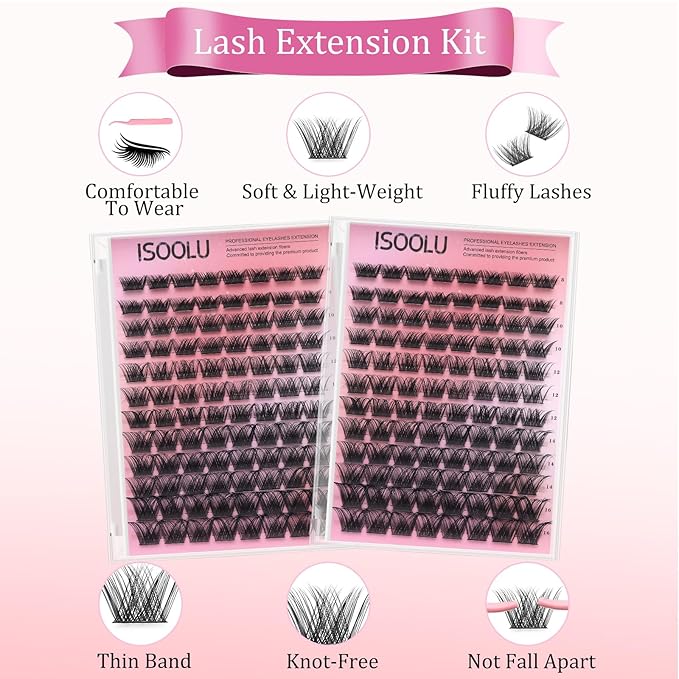 ISOOLU Fairy Lash Clusters Manga Individual Lashes C Curl Wispy Eyelash Clusters WideSpan Eyelash Extension Kit with Lash Bond and Seal Wet-Look Spiky Cluster Lashes (ZH12 Kit)