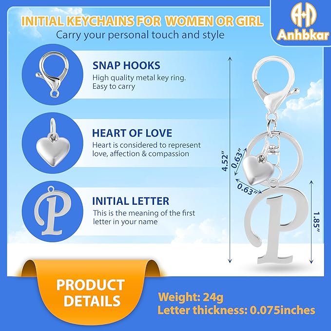 A-Z Heart Initial Letter Keychain, Stainless Steel Alphabet Charm for Handbags, Gift for Women and Girls