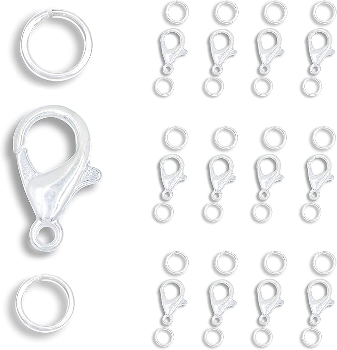 AD Beads 50 Pieces Lobster Claws Clasp 100 Pieces Open Jump Rings Connectors Suitable for Necklace Bracelets Jewelry (8x15mm, Silver)