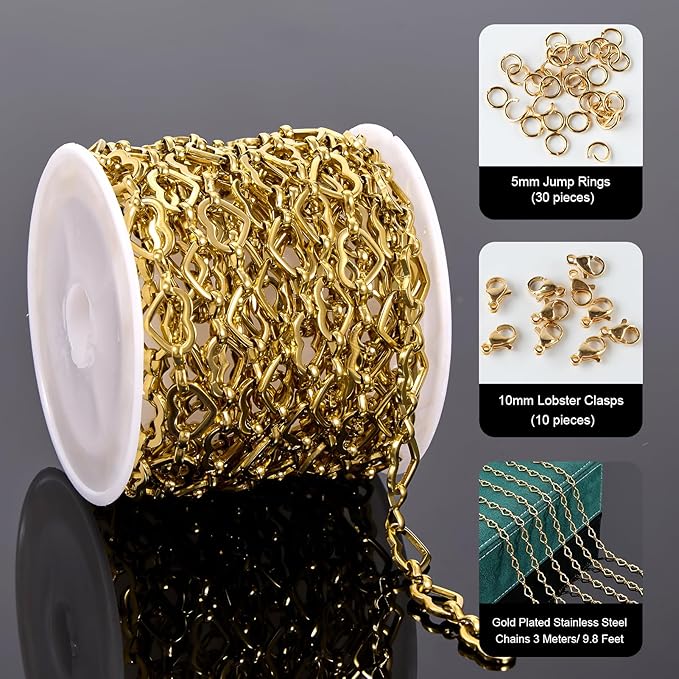 UMAOKANG 3 Meters Gold Plated Stainless Steel Chains for Jewelry Making Hollow Heart Chain Bulk on Spool with Jump Rings and Lobster Clasps
