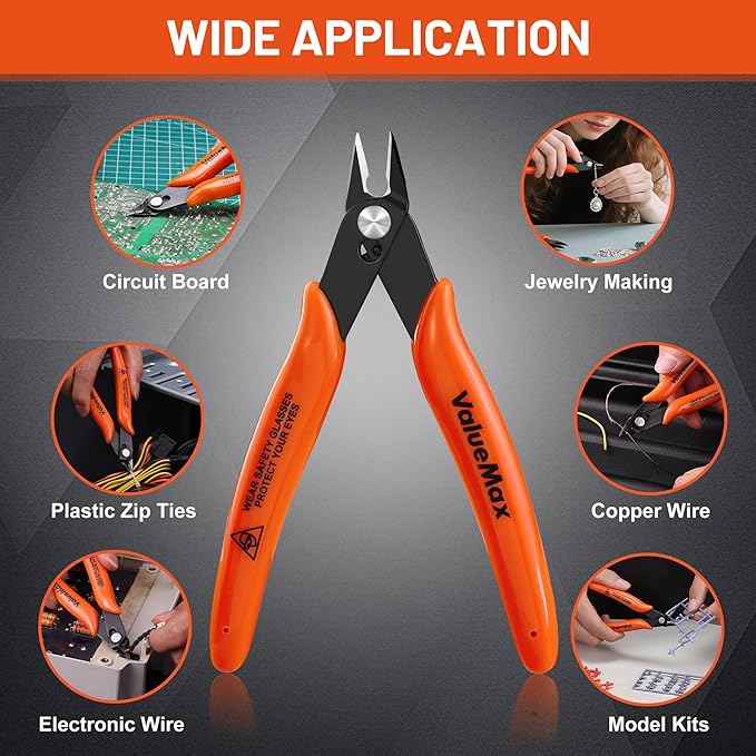 ValueMax Flush Cutters 6 Pack, 5" Micro Precision Side Cutter Pliers Spring-loaded, Small Diagonal Cutters for Jewelry Making, Electronics, Zip Ties, Model Craft