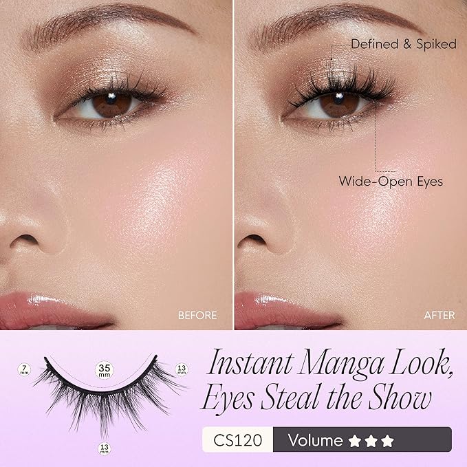 BEYELIAN Self Adhesive Eyelashes Manga Lashes Pre Glued Anime Lashes Wispy No Glue Need Spiky Eyelashes Korean Japanese Asian Cosplay Fake Eyelashes CS120