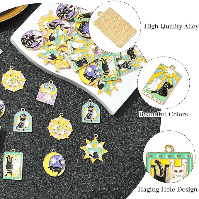 Stiesy 40 Pcs 8 Styles Alloy Enamel Black White Cat Tarot Card Charm Pendant Sun Shape Divination Amulet Metal Charms Pendants Bulk for Bracelet Jewelry Making Crafting DIY Decor