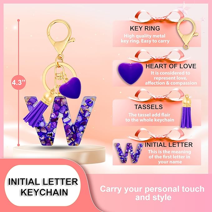 Initial Keychains for Women with Cute Heart Resin - Alphabet Letter Keychain for Bag, Backpacks, Purse or Car key