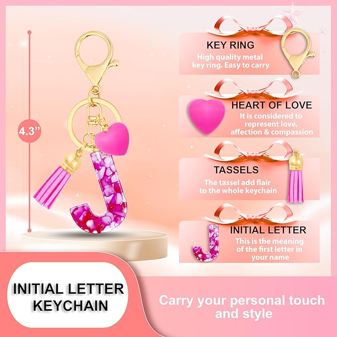 Initial Keychains for Women with Cute Heart Resin - Alphabet Letter Keychain for Bag, Backpacks, Purse or Car key