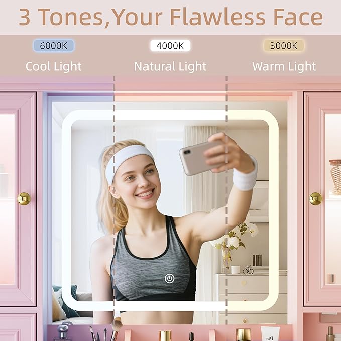 Vanity Desk with Mirror & Lights, Makeup Vanity with Power Outlet & USB Ports, Farmhouse Dressing Table, 6 Drawers & 4 Storage Cabinets, RGB Cabinet Lighting, 3-Color Dimmable Mirror
