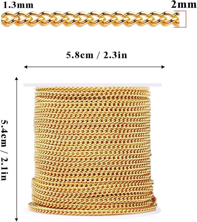 [66 Feet/ 20M] 18K Gold Plated Stainless Steel Curb Chain, 2mm 304 Stainless Steel Flat Twisted Links Curb Chains Bulk for Jewelry Making Necklace DIY Craft