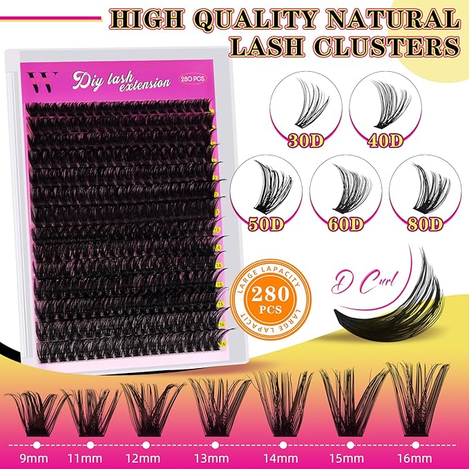 Lash Clusters 280PCS Individual Lashes D Curl Eyelash Clusters Mixed Length Cluster Eyelash Extensions Clusters Lashes with Thin Band Soft False Eyelashes DIY at Home(80D,D-Mix9-16mm)