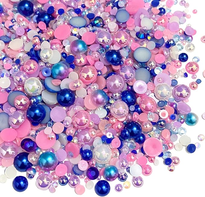 100g Mix Resin Rhinestones Flatback Half Round Pearls Mixed Size 3mm-10mm AB Color Half Pearls Resin Rhinestones for DIY Craft Nail Art Shoes Clothes Phone Case (Pink Blue Series)