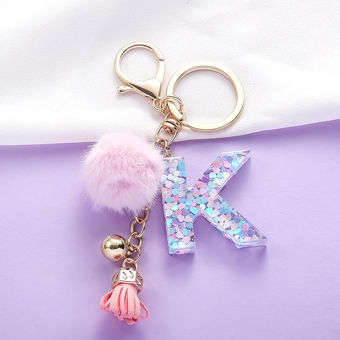 Resin Alphabet Initial Letter Keychain Keyring for Women Purse Handbags With Fur Ball Pom