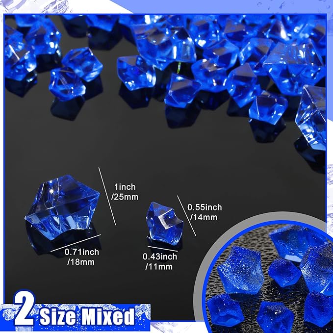 450 Pieces Fake Ice Cubes Diamonds Ice Rocks Acrylic Stones Crystals Plastic Cubes Gems Vase Rocks Centerpiece Vase Filler Gems for Weddings Party Decoration Display Table Scatter, 2 Sizes (Royalblue)
