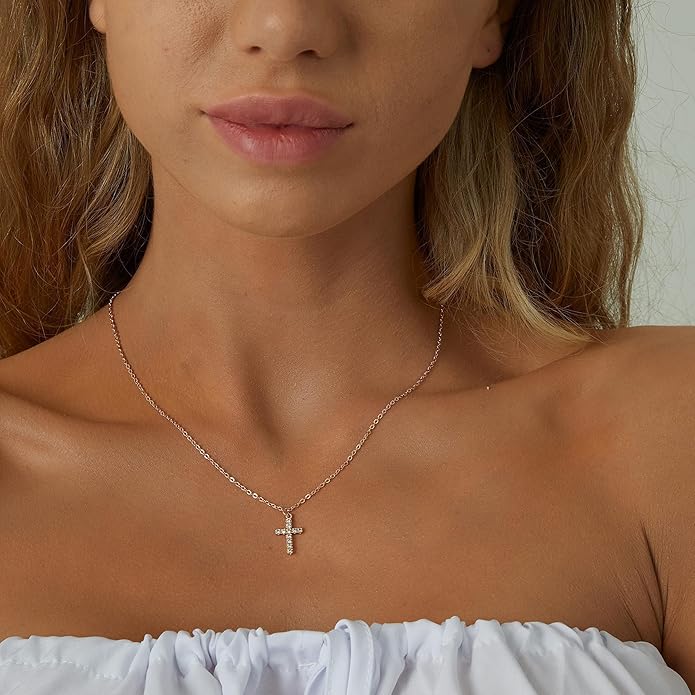 Tewiky Cross Necklace for Women-Dainty Simple 14k Gold Plated/sterling silver Plated Cross Pendant Cute Necklaces Jewelry for Women