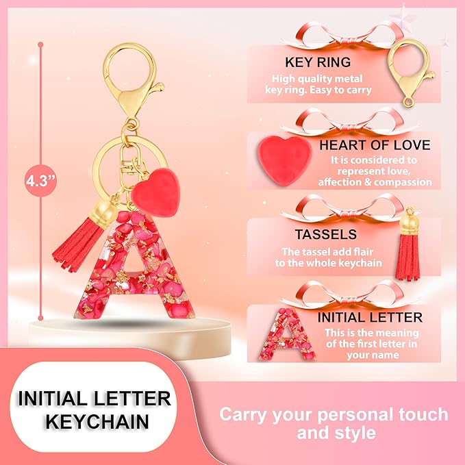 Initial Keychains for Women with Cute Heart Resin - Alphabet Letter Keychain for Bag, Backpacks, Purse or Car key