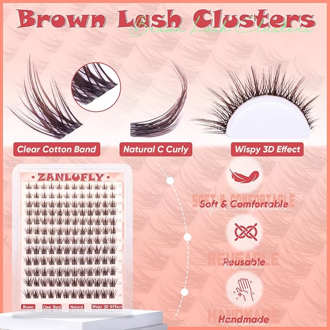 Brown Lash Clusters Wispy Spiky Eyelash Clusters Dark Brown Lash Extension Natural Invisible Band Cluster Eyelash Extensions DIY Individual Lashes Clusters Brown 8-16MM by zanlufly