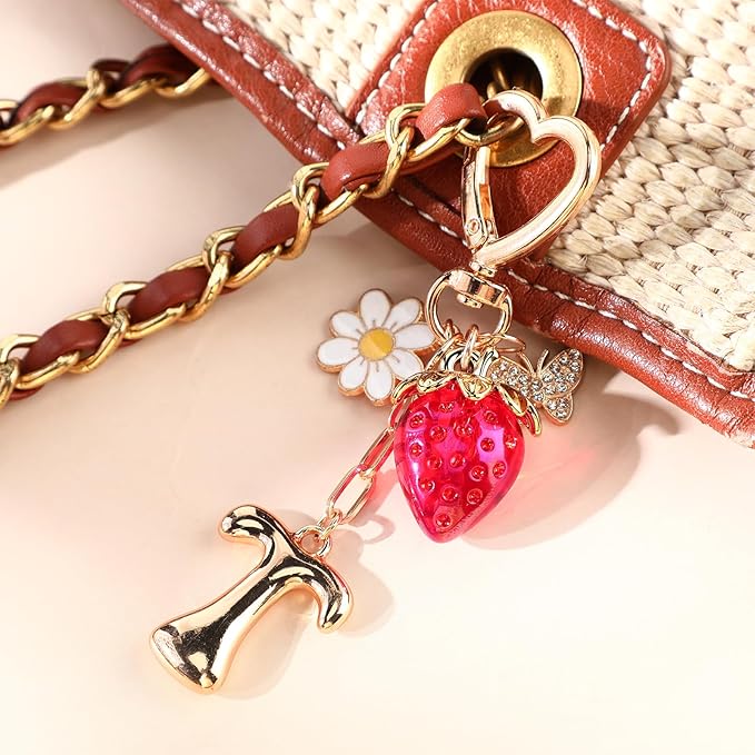 Strawberry Initial Keychain for Women-Cute Kawaii Gold Alphabet Bag Charms, Key chain Gift for Purse Handbag