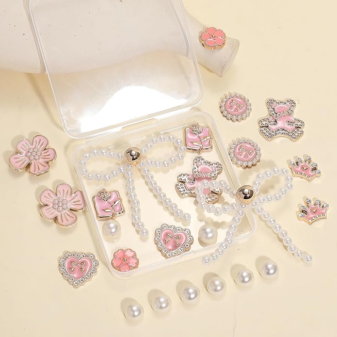 24Pcs Bling Pearl Bow Shoe Charms for Clog Sandals Women, Bear, Flower, Pearl Accessories, DIY Shoe Decoration Charms for Girls