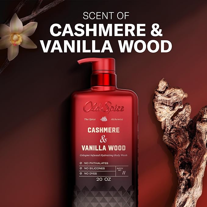 Old Spice Body Wash for Men, The Spice Alchemist Collection, 24/7 Cologne Infused Hydration, No Trade Off Formula, Free of Phthalates Silicones & Dyes, Cashmere + Vanilla Wood Scent, 20 oz