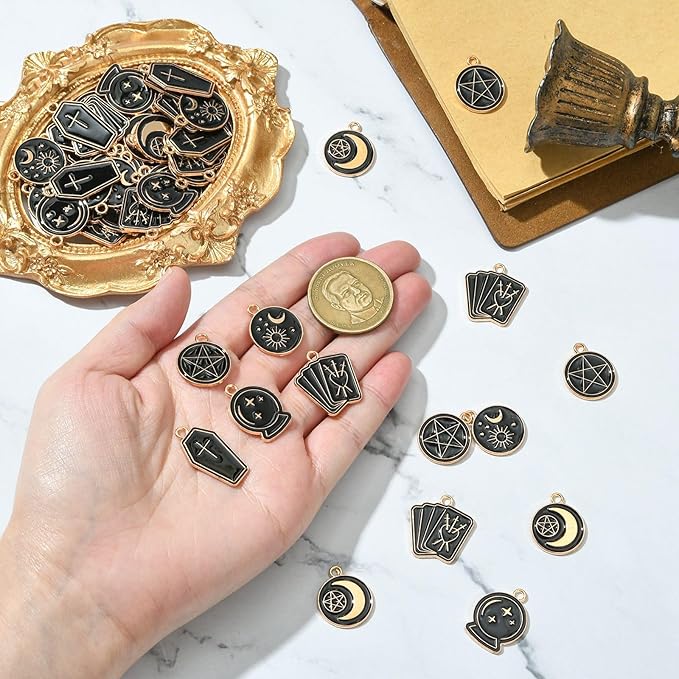 Stiesy 60 Pcs 6 Styles Enamel Black Gold Gothic Tarot Card Divination Card Magic Amulet Metal Charms Bulk for Jewelry Making DIY Necklace Bracelet Earrings Crafts