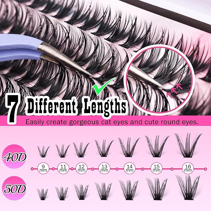 FANXITON DIY Individual Eyelash Extension Kit, Thick Volume Lash Clusters 40D+50D D Curvature, 280 Pieces Thin Band Cluster Lashes with Bond and Seal Tweezers