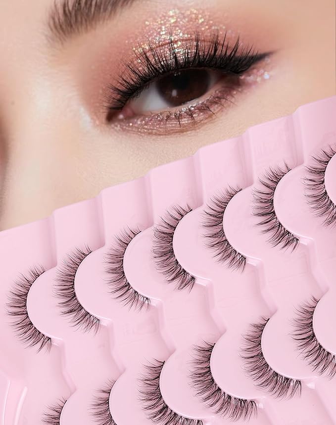 Clear Band Lashes Short Everyday Wispy False Eyelashes Natural Look Flared Strip Eyelash Small Lash Soft Fluffy Pack 7 Pairs C19