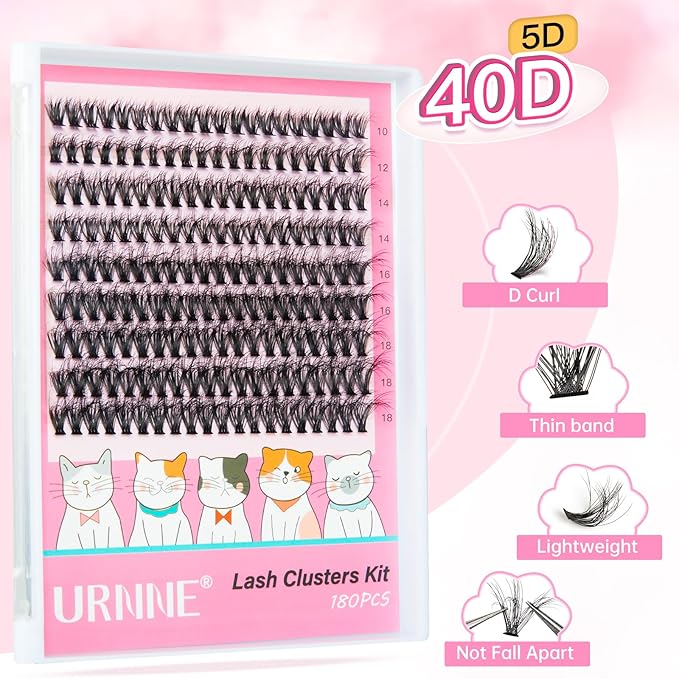 URNNR Fluffy Lash Clusters 5D 40D Volume Eyelash Clusters 10-18mm Wispy Individual Lashes D Curl Cluster Eyelash Extensions 180pcs DIY Lash Extension for Beginners (LF09)