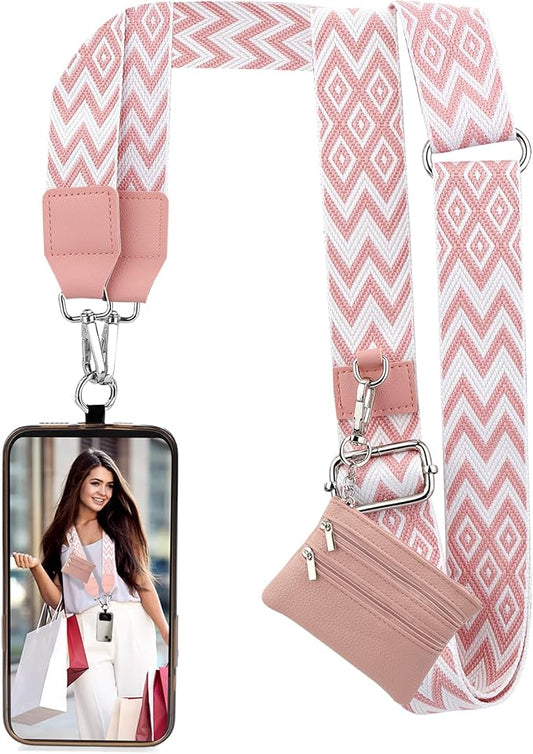 XANGNIER Clip and Go Strap for Phone with Wallet Crossbody, Phone Strap with Zippered Wallet, Adjustable Anti Theft Cellphone Lanyard for Women, Cellphone Chain Accessories,Multicolor 18