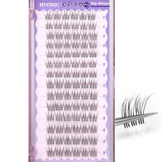 JIMIRE Self Adhesive Eyelashes Wispy Lash Clusters Natural Look 9-12MM Press on Lashes Self Adhesive Lash Clusters No Glue Needed Natural Pre Glued Lashes Clusters Reusable Invisible Band