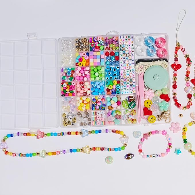 MYCUTEY DIY Phone Charm Making Kit with 657Pcs Colorful Pony,Letter,Football,Star,Flower Beads,Craft Supplies for Jewelry-Making,Necklace,Bracelet Personalized Name Making Gift for Women Kids Girls