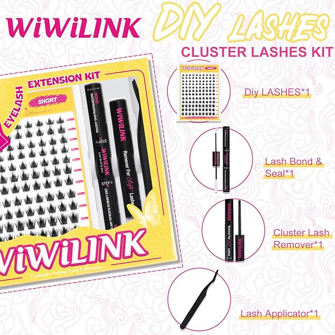 WiWiLINK Manga Lash Clusters Kit 8-14mm Eyelash Clusters DIY Lash Extension Kit Waterproof Anime Lashes Ultra-Thin Band 0.3mm Individual Cluster Eyelash Extensions, California Sunset Short-Kit