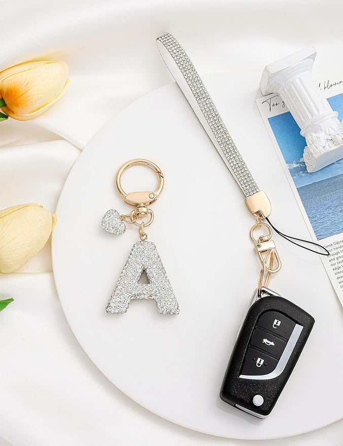 Initial Keychain for Women Girls,Bling Letter Key chain Initial with Heart,Pink Keychain Charms for Backpack Handbag