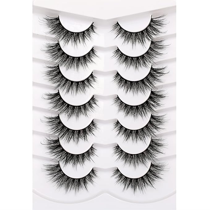 Pooplunch False Eyelashes Fairy Lashes Wispy Crossed Faux Mink Lashes Cat Eye Look Fluttery Volume 8D Fake Eyelashes Faux Mink Lashes Strips 7 Pairs Pack
