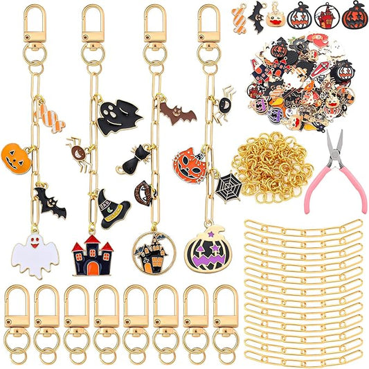 Tondiamo 266 Pieces Halloween DIY Gold Keychain Making Kit Bat Witch Hat Bag Charm Jewelry Making Pumpkin Ornaments Bulk for Key Ring Art Adults Women Bag Gift