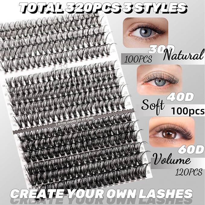 DIY Lash Extensions Kit 320pcs Individual Lashes Clusters 30D 40D 60D Eyelash Extension Kit with Applicator and Lash Bond&Seal, Lash Remover For False Eyelash Mix 11-20mm (30D+40D+60D KIT)