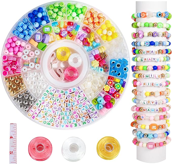 MYCUTEY 594Pcs DIY Bracelet Making Kit with Colorful Letter Flower Heart Beads - Friendship Bracelet Kit for Women Kids Pony Beads for Jewelry Making Christmas Bead Bracelets Making Craft Gift