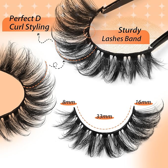 JIMIRE False Eyelashes 14 Pairs Cat Eye Lashes Wispy Fluffy D Curl Strip Natural Lashes Look Like Eyelash Extension 16MM Wispy Faux Mink Fake Lashes Pack