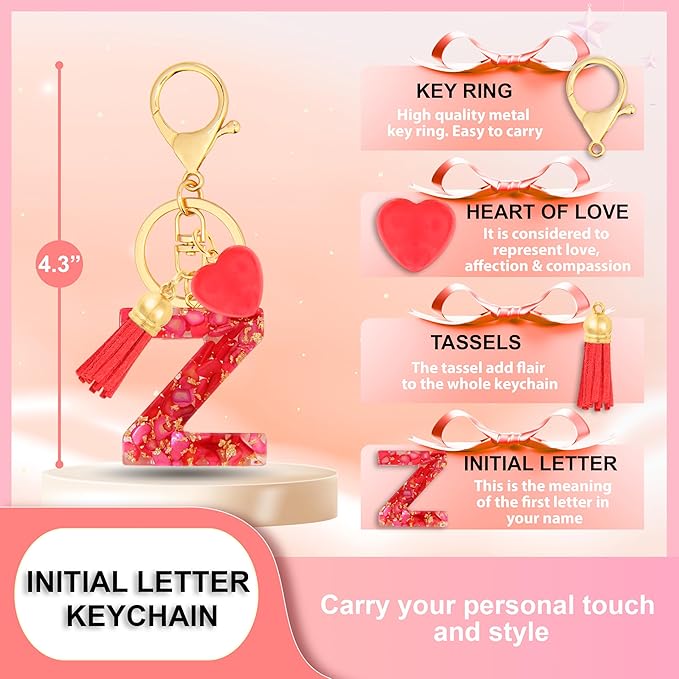 Initial Keychains for Women with Cute Heart Resin - Alphabet Letter Keychain for Bag, Backpacks, Purse or Car key