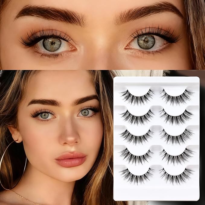 Veleasha Lashes Wispy False Eyelashes 100% Handmade Eyelashes Natural Look Fake Lashes Lightweight Lashes with Soft Clear Band & Lash Glue and Tweezers 5 Pairs Pack (G2 Kit)
