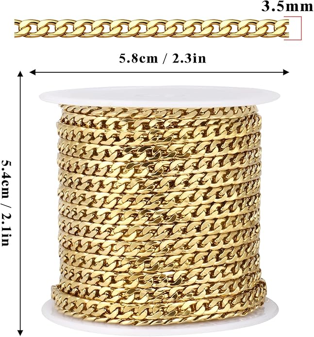 16.5 Ft Stainless Steel Curb Chains, 5mm 6mm 7mm 9mm Cuban Chain Roll Bulk for Jewelry Making