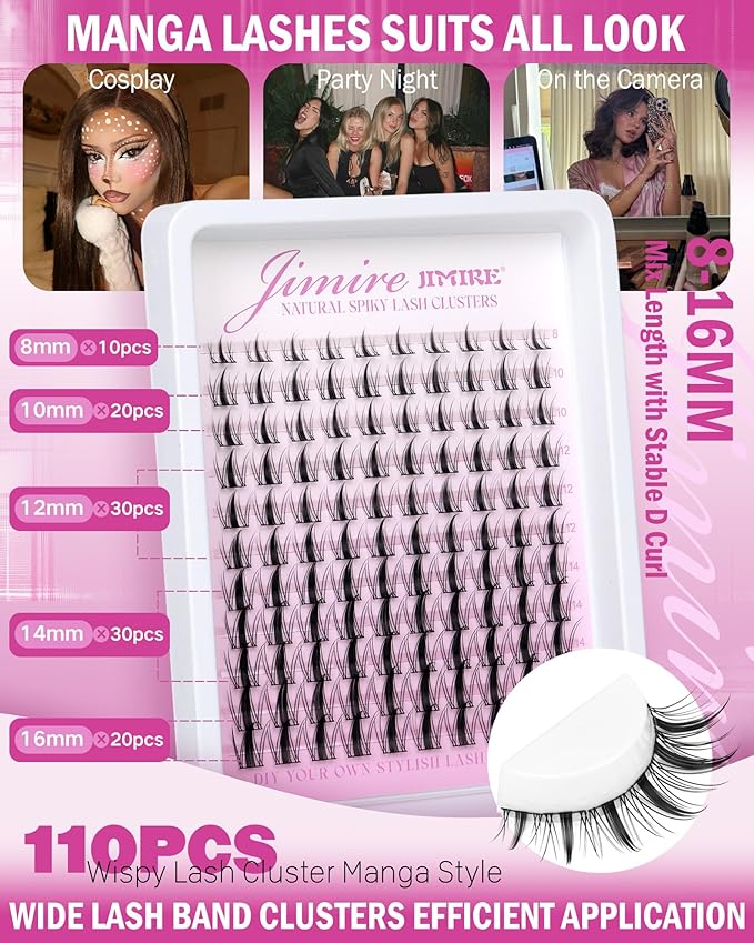 Manga Lash Clusters Natural Look Wispy Lashes Clusters Anime D-Curly Cluster Eyelash Extensions 110 Pcs 8-16MM Fairy Individual Cluster Lashes Wet-Look Lash Extensions