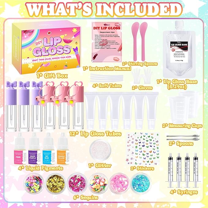 Thaluna Lip Gloss Making Kit, Lip Gloss Set for Teens Kids Lip Kit Fun DIY Lipgloss Making Kit, Make Your Own Lip Gloss Kit, Moisturizing Glitter Keychain Kids Gifts Tweens Girls Trendy Stuff 10-12