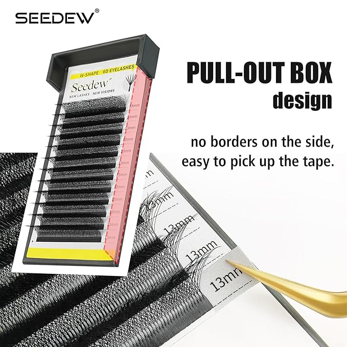 SEEDEW 6D Lash Extensions, 0.07mm D Curl MIX8-15mm 12 Rows/Tray, W Shape Flat Stem, PBT Mega Volume Eyelash Grafting for Beginner Artist, Lash Tech, Beauty Salon(6D-Matte Black-0.07-D-MIX8-15mm)