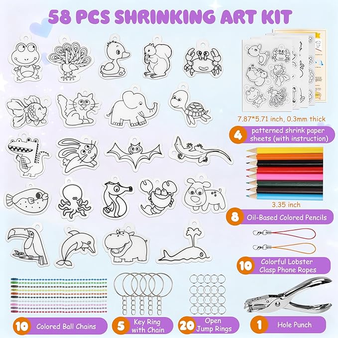 58PCS Shrink Dink Sheets Keychain Kit, with 4PCS 7.9"x5.7" Pre-Printed Animal Shrink Papers, 54PCS Keychain Accessories & Tools for Kids & Adults DlY Crafts, Great Thanksgiving & Christmas Ornaments
