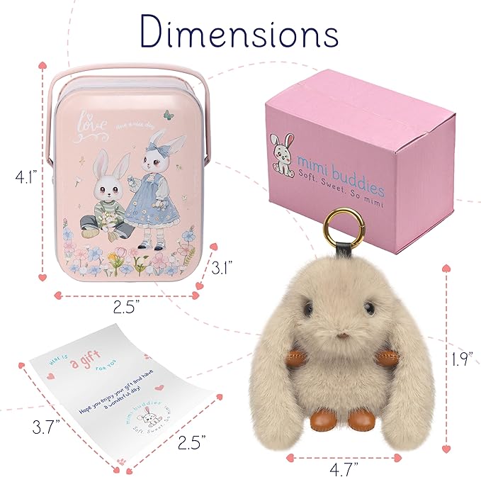 Mimi Buddies Bunny Keychain with Box, BunnyKeychain with Tin, Cute Bag Car Handbag Charm Keychains, BunnyCute Key chain