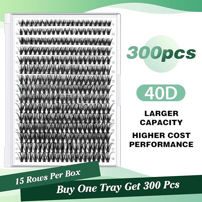 KEYYOU Lash Clusters 300pcs Individual Lashes 40D 0.07D Curl 9-18MIX DIY Eyelash Extension Large Tray Volume Soft&Natural Cluster Lashes(40D-0.07D,9-18MIX