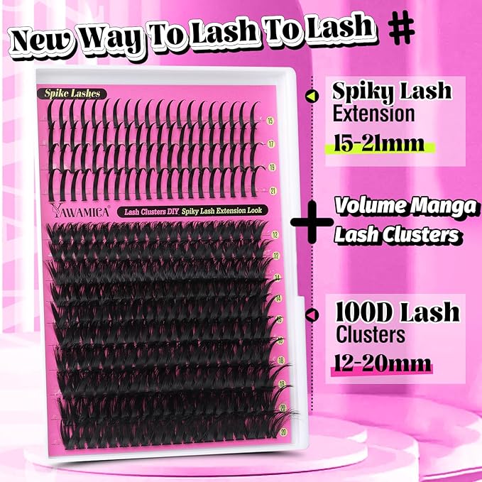 Yawamica 100D Volume Lash Clusters 12-20mm with Spike Individual Lashes 15-21mm DIY Manga Lashes Clusters Wispy Eyelash Clusters D Curly Cluster Eyelash Extensions Fairy Cluster Eyelashes 280pcs
