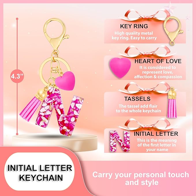 Initial Keychains for Women with Cute Heart Resin - Alphabet Letter Keychain for Bag, Backpacks, Purse or Car key