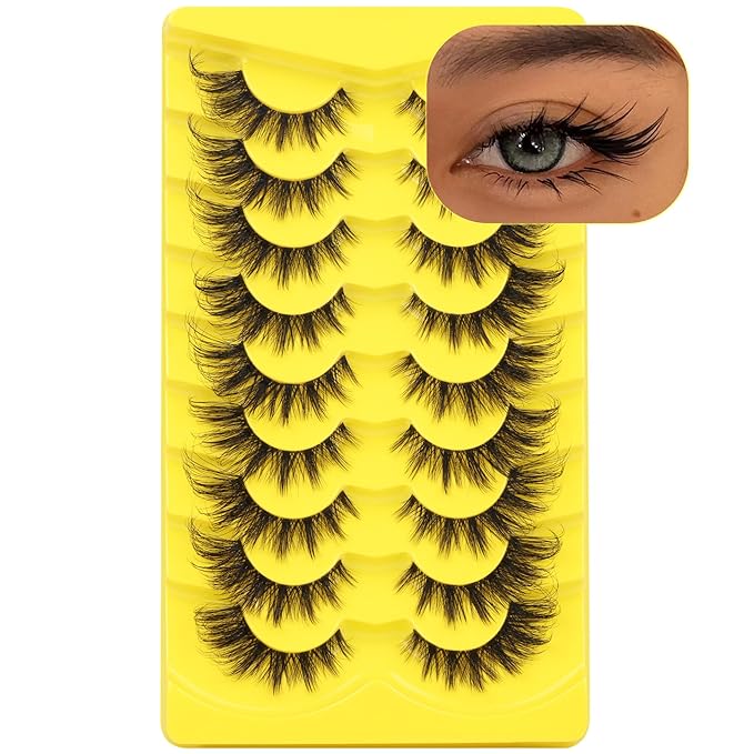 ALICROWN Lashes Cat Eye False Eyelashes Wispy Strip Fake Eyelashes Fox Eye Lashes Mink Thick Volume Eyelashes with Clear Band 9 Pairs Long False Lashes