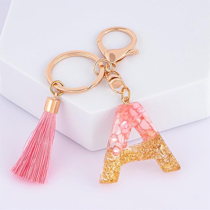 Suweibuke Cute Pink Key Chains for Women Girls, Initial Letter Keychains with Tassel, Charms for Key Purse Handbags Backpacks