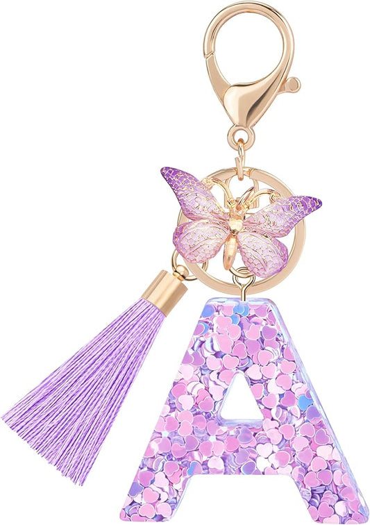 Initial letter Keychains for Women Girls Tassel Butterfly Cute Keychain for Wallet Backpack charm